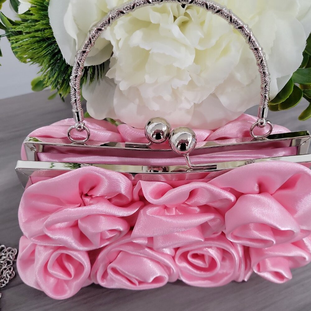 Elegant Pink Satin Roses Party Purse Handbag w/Rhinestone Handle & Chain - Picture 7 of 11